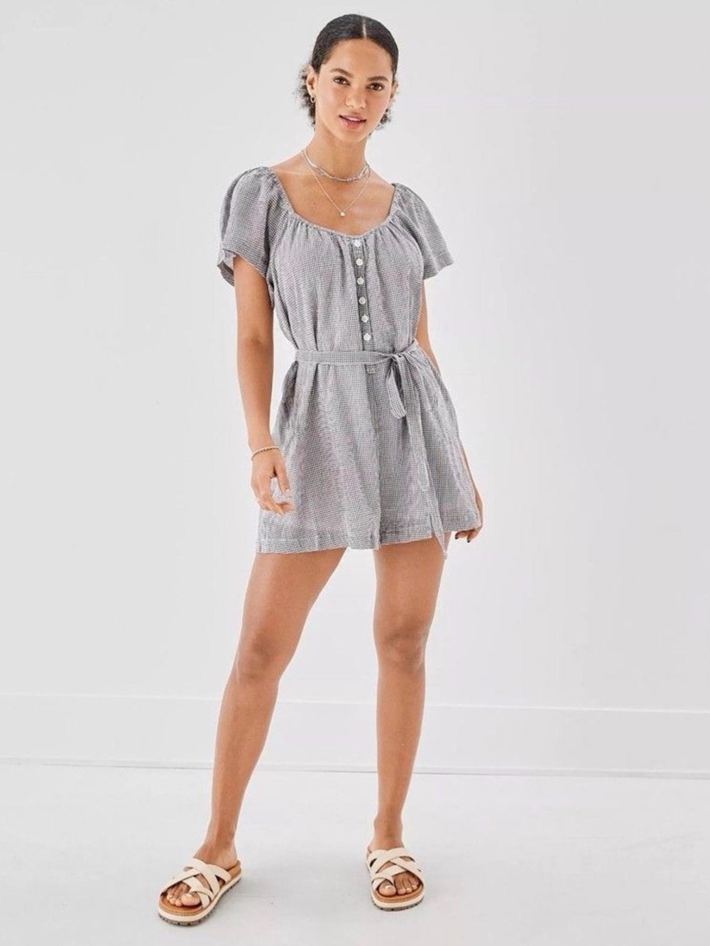 American Eagle Outfitters Navy Gingham Lined Babydoll Romper Cottagecore Lg. NWT